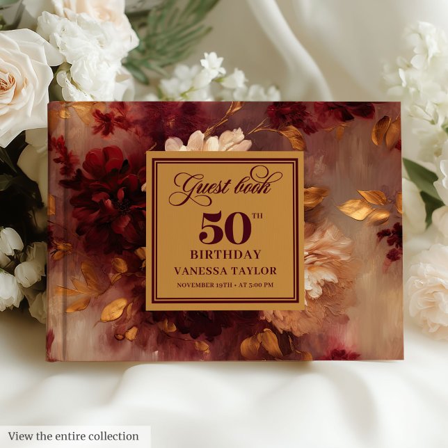 Livro De Visitas Luxury Boho Marsala Blush Dourado Floral 50 Aniver (Luxury Boho Marsala Blush Gold Floral 50 Birthday Guest Book)