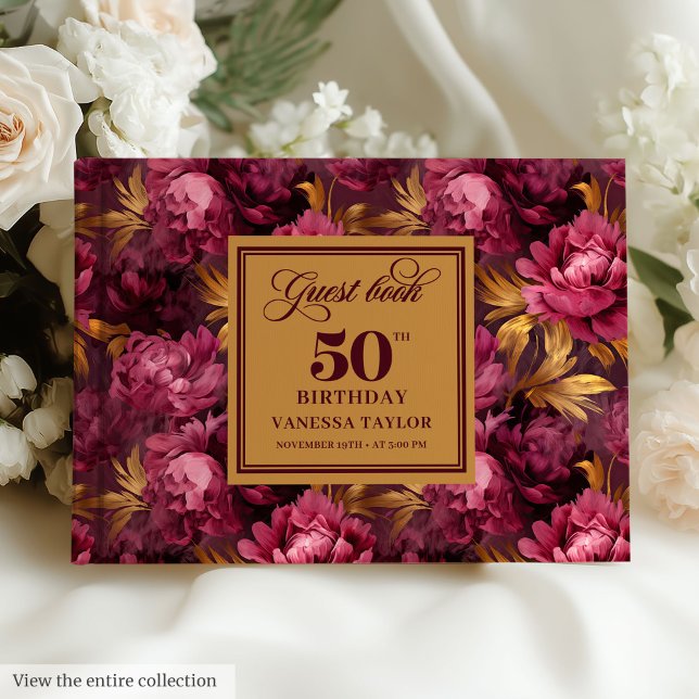 Livro De Visitas Luxury Merlot Blush Dourado Floral 50º Aniversário (Luxury Merlot Blush Gold Floral 50th Birthday Guest Book)