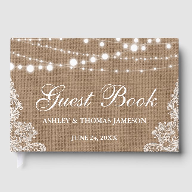 Livro De Visitas Luz de Corda Rustic Wedlap Lace (Frente)