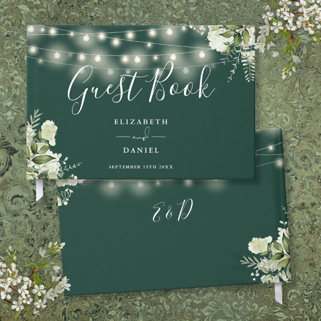 Livro De Visitas Luzes de Corda de Verdura Esmeralda Casamento (Emerald Greenery String Lights Wedding Guest Book)