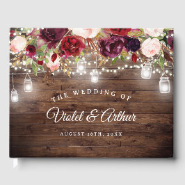 Livro De Visitas Luzes de Corda Florais Rústicas Burgundy Casamento