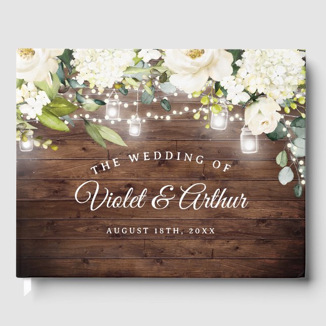 Livro De Visitas Luzes de Corda Florais Rústicas Casamento  (Frente)