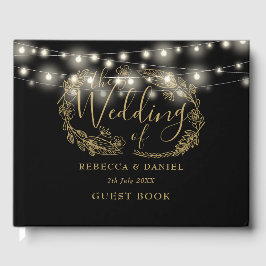 Livro De Visitas Luzes de Corda Floral Preto e Dourado Casamento