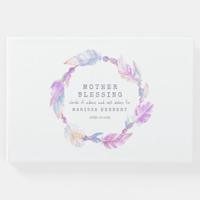 Livro De Visitas Mãe Bênção miçangas penas boho roxo (Frente)