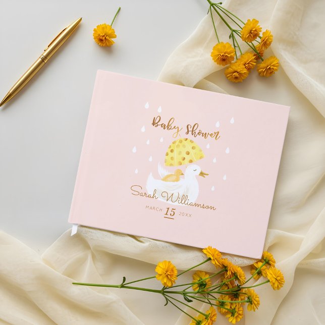 Livro De Visitas Mãe e Bebê Amarelo Guarda-chuvas Rosa (Mother & Baby Yellow Ducky Umbrella Blush Pink Guest Book)