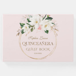 Livro De Visitas Magnolia Branca Blush Quinceañera Dourada Floral