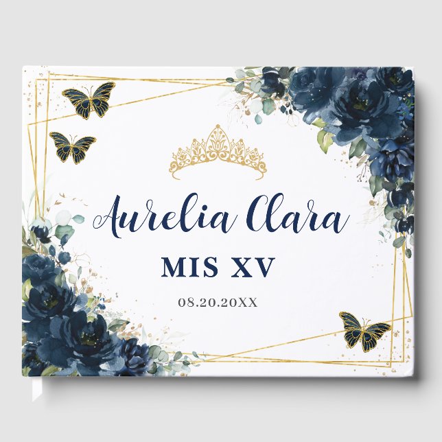 Livro De Visitas Marinho Azul Borboletas Florais QUINCEAÑERA Mis XV (Frente)
