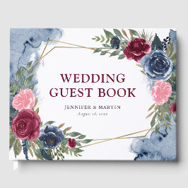 Livro De Visitas Marinho Azul Borgonha Dourada Casamento Geométrico