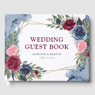 Livro De Visitas Marinho Azul Borgonha Dourada Casamento Geométrico