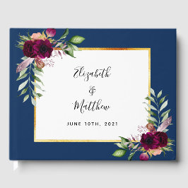 Livro De Visitas Marinho azul borgonha floral verde casamento