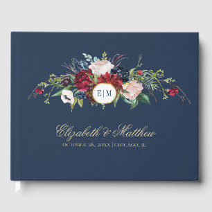 Livro De Visitas Marinho azul Casamento Burgundy Bloom Watercolor