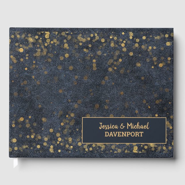 Livro De Visitas Marinho Azul Dourado Bokeh Wedding (Frente)