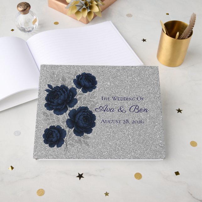 Livro De Visitas Marinho Azul e Silver Glitter Deixa Casamento (Frente aberta)
