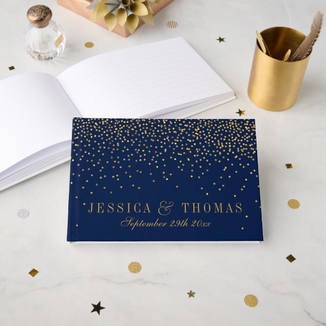 Livro De Visitas Marinho Blue & Glam Dourado Casamento Confetti (Frente aberta)