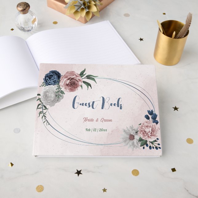 Livro De Visitas marinho branco rosa flores verdes casamento (Frente aberta)