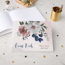 Livro De Visitas marinho branco rosa flores verdes casamento