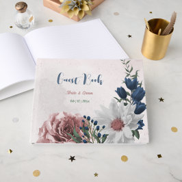 Livro De Visitas marinho branco rosa flores verdes casamento