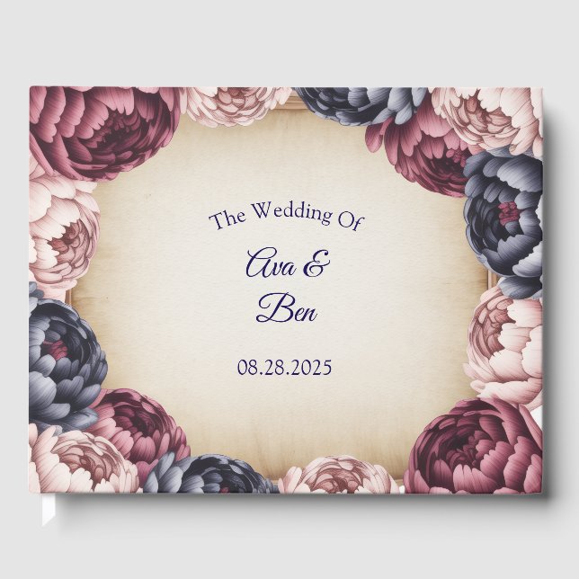 Livro De Visitas Marinho de Borgonha e Floral de Casamento de Peony (Frente)