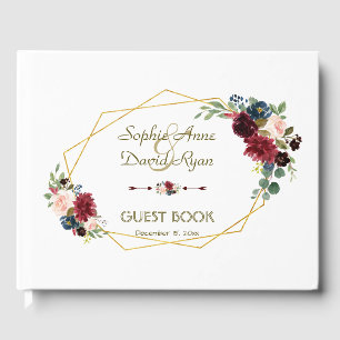 Livro De Visitas Marinho de Merlot Blue Floral Dourado Casamento