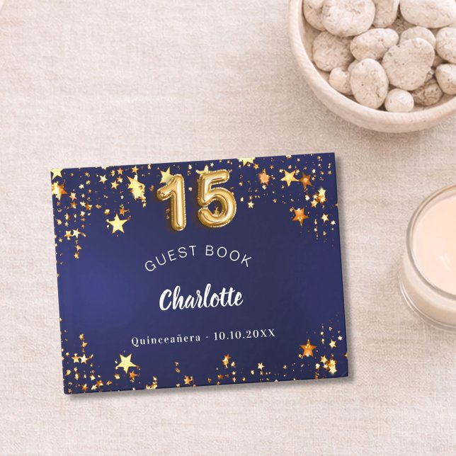 Livro De Visitas Marinho de Quinceanera - estrelas douradas (Criador carregado)