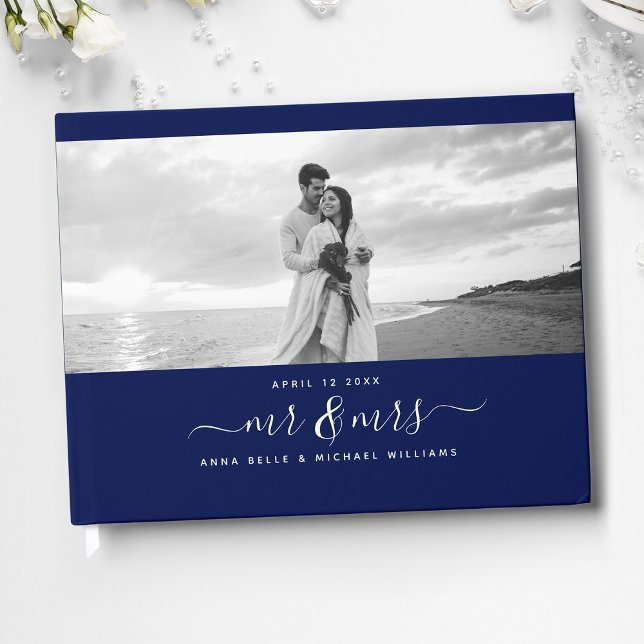 Livro De Visitas Marinho de Script Elegante Blue Photo Wedding (Criador carregado)