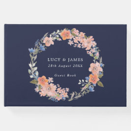 Livro De Visitas Marinho e Peach Floral Wreath Wreath Guest Book