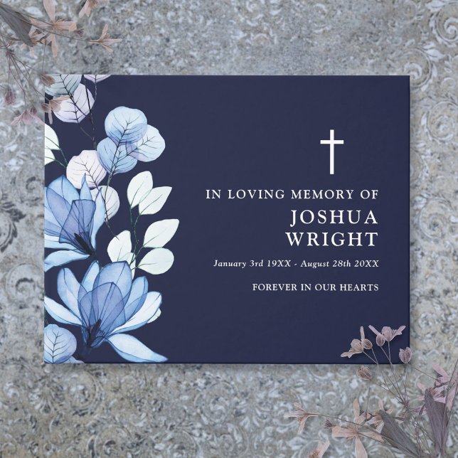 Livro De Visitas Marinho Elegante Blue Floral Christian Funeral (Elegant Navy Blue Floral Christian Funeral Guest Book)