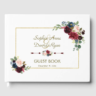 Livro De Visitas Marinho Glam Merlot Casamento Floral Azul