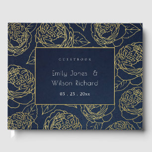 LIVRO DE VISITAS MARINHO LUXE DOURADO KRAFT ELEGANTE CASAMENTO FLOR