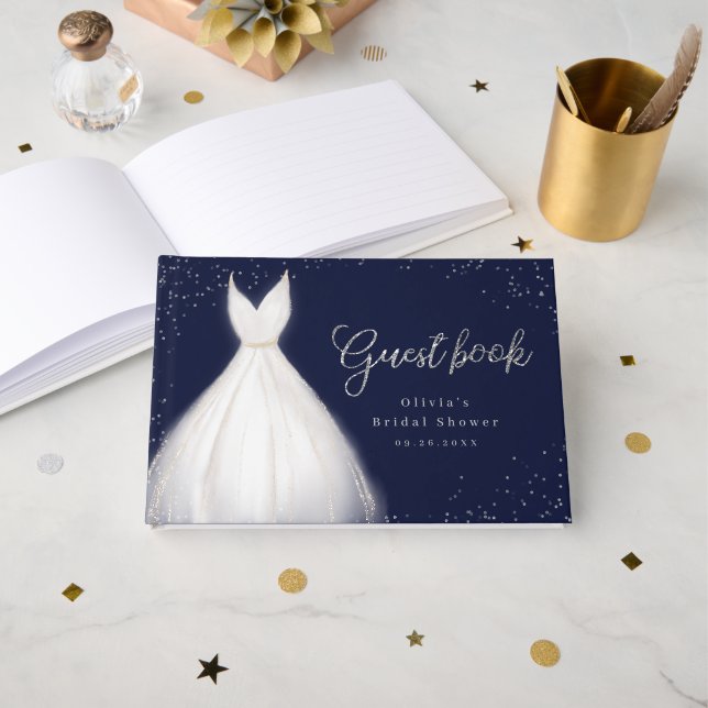 Livro De Visitas Marinho  Silver Glitter Elegante Chá de panela de  (Frente aberta)