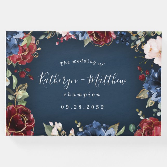 Livro De Visitas Marinho Vermelho Brilhante Casamento Azul Dourado  (Frente)