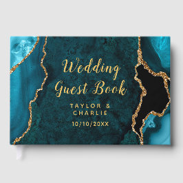 Livro De Visitas Mármore de Ágata Azul-Verde e Dourado Casamento