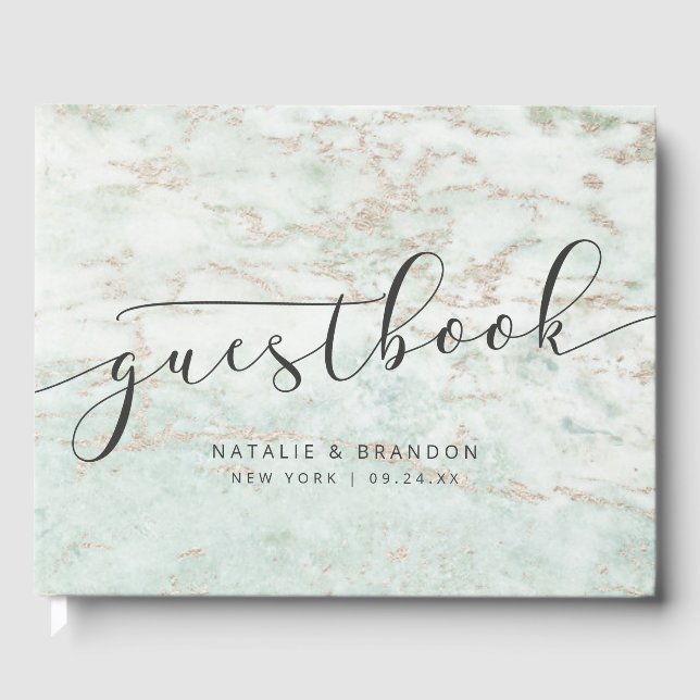 Livro De Visitas Mármores Modernos com Casamento Dourado Rosa (Frente)