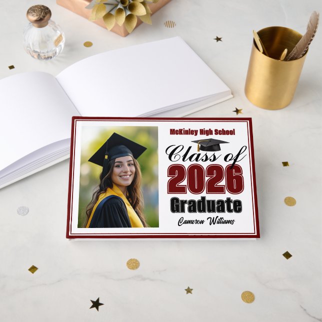 Livro De Visitas Maroon Class of 2026 Photo Small Graduation (Frente aberta)