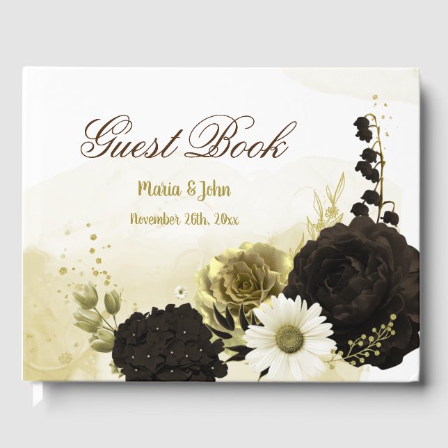 Livro De Visitas Marrom-marrom-flores de ouro botânico (Frente)