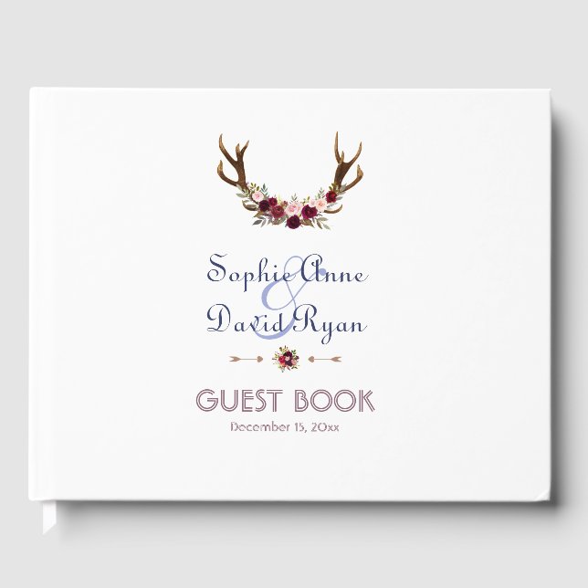 Livro De Visitas Marsala Floral Antlers Marinho Casamento outono Az (Frente)