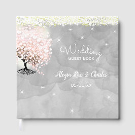 Livro De Visitas Mason Jar Pink Heart Leaf Tree on Cinza Watercolor