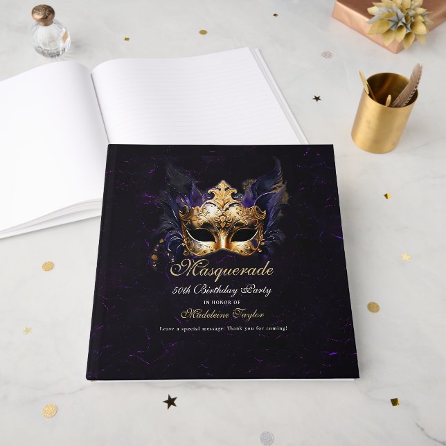 Livro De Visitas Masquerade Mask Gold Purple Dramatic 50th Birthday (Frente aberta)