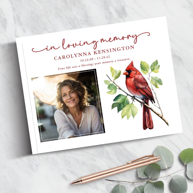 Livro De Visitas Memória Encantadora Vermelha Foto Memorial Funeral (Red Cardinal Loving Memory Funeral Memorial Photo Guestbook)