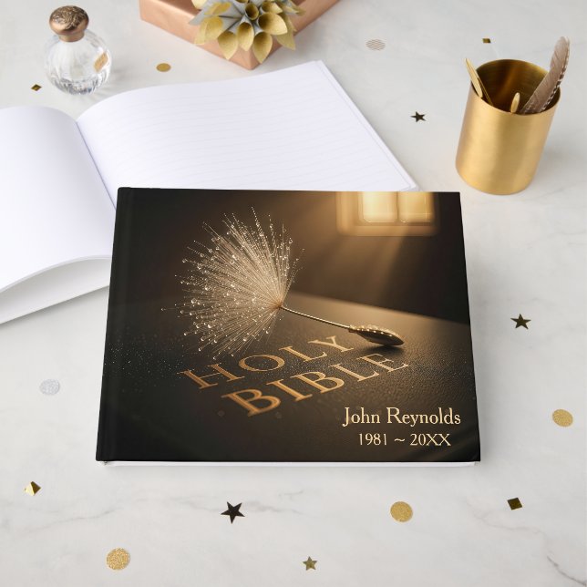 Livro De Visitas Memorial Service Dandelion On a Bible (Frente aberta)