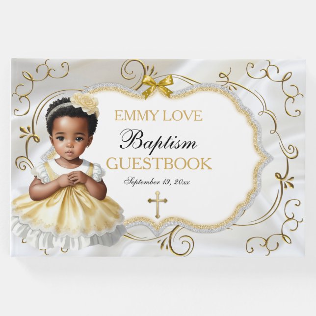 Livro De Visitas Menina Batismo Christening White e Dourada Cruz (Frente)