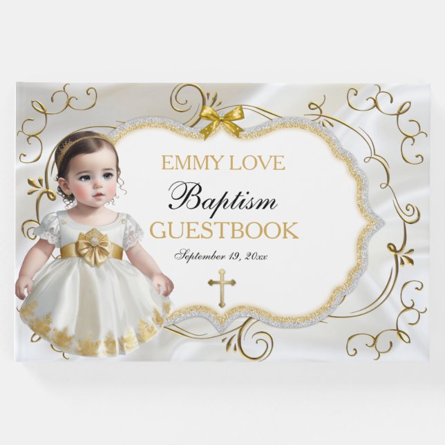 Livro De Visitas Menina Batismo Christening White e Dourada Cruz (Frente)