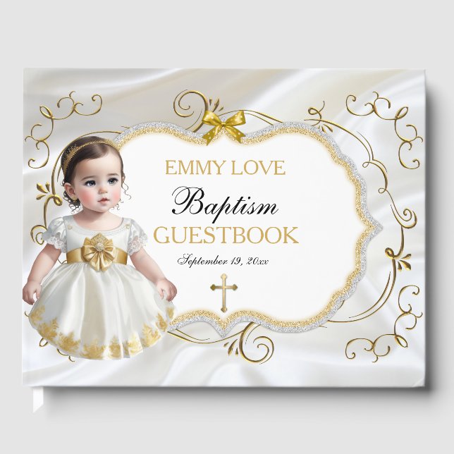 Livro De Visitas Menina Batismo Christening White e Dourada Cruz (Frente)