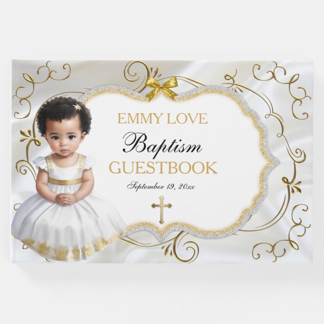 Livro De Visitas Menina Batismo Christening White e Dourada Cruz (Frente)