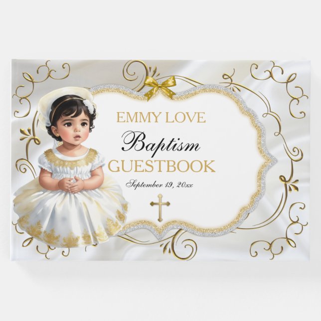 Livro De Visitas Menina Batismo Christening White e Dourada Cruz (Frente)