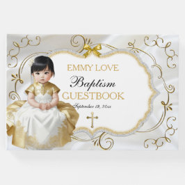 Livro De Visitas Menina Batismo Christening White e Dourada Cruz
