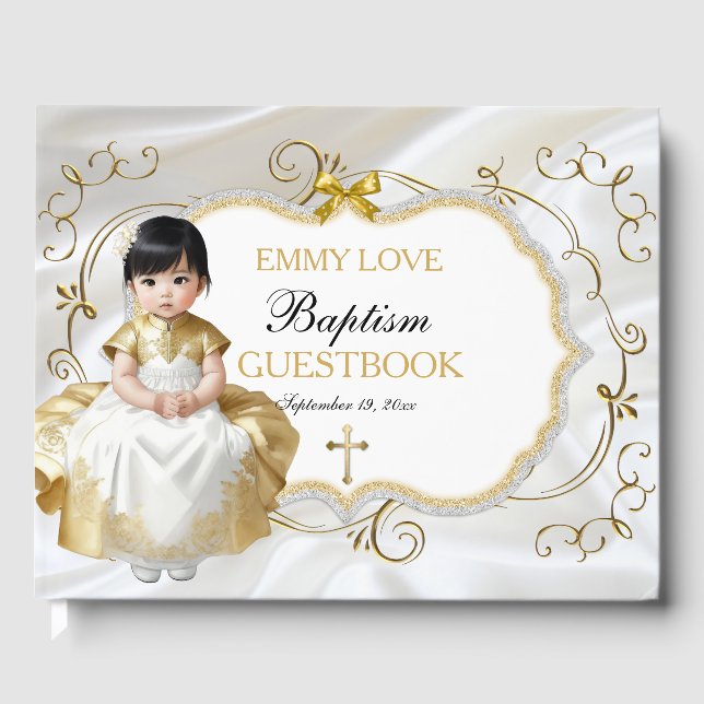 Livro De Visitas Menina Batismo Christening White e Dourada Cruz (Frente)
