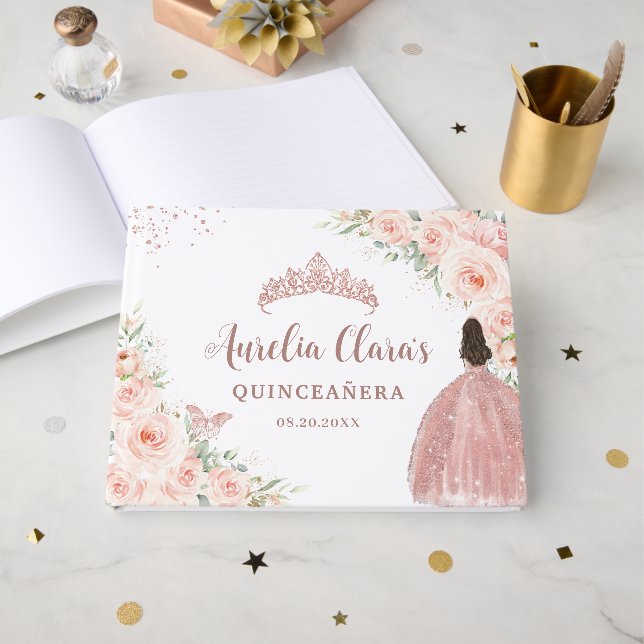 Livro De Visitas Menina Floral Rosa Escamuflada Rosa, Quinceanera D (Frente aberta)