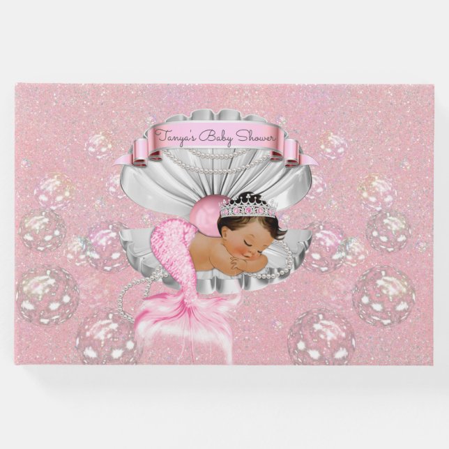 Livro De Visitas Mermaid Ethnic Baby Girl Pearls Rosa (Frente)