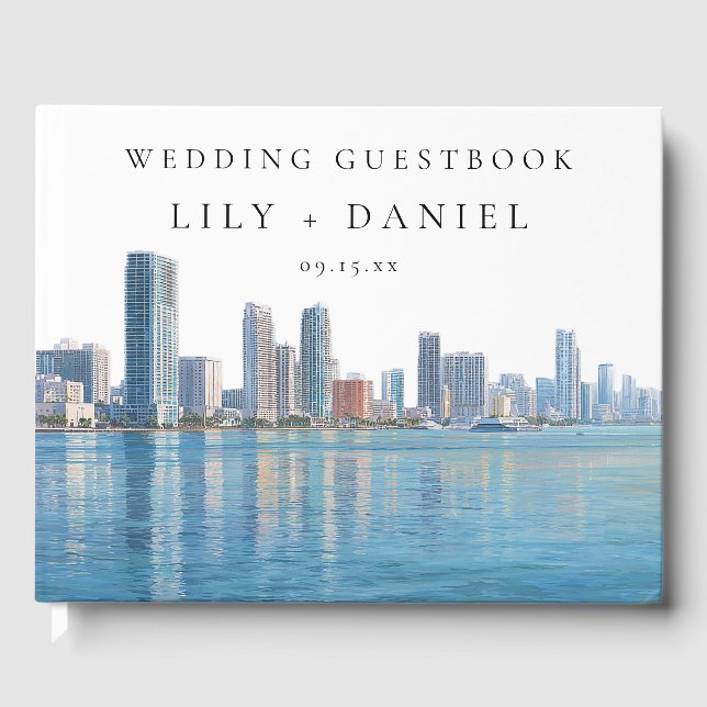 Livro De Visitas Miami Skyline Watercolor Wedding (Frente)